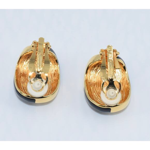 St. John Designer Black & Gold Enamel Clip Earrings - Picture 3 of 7
